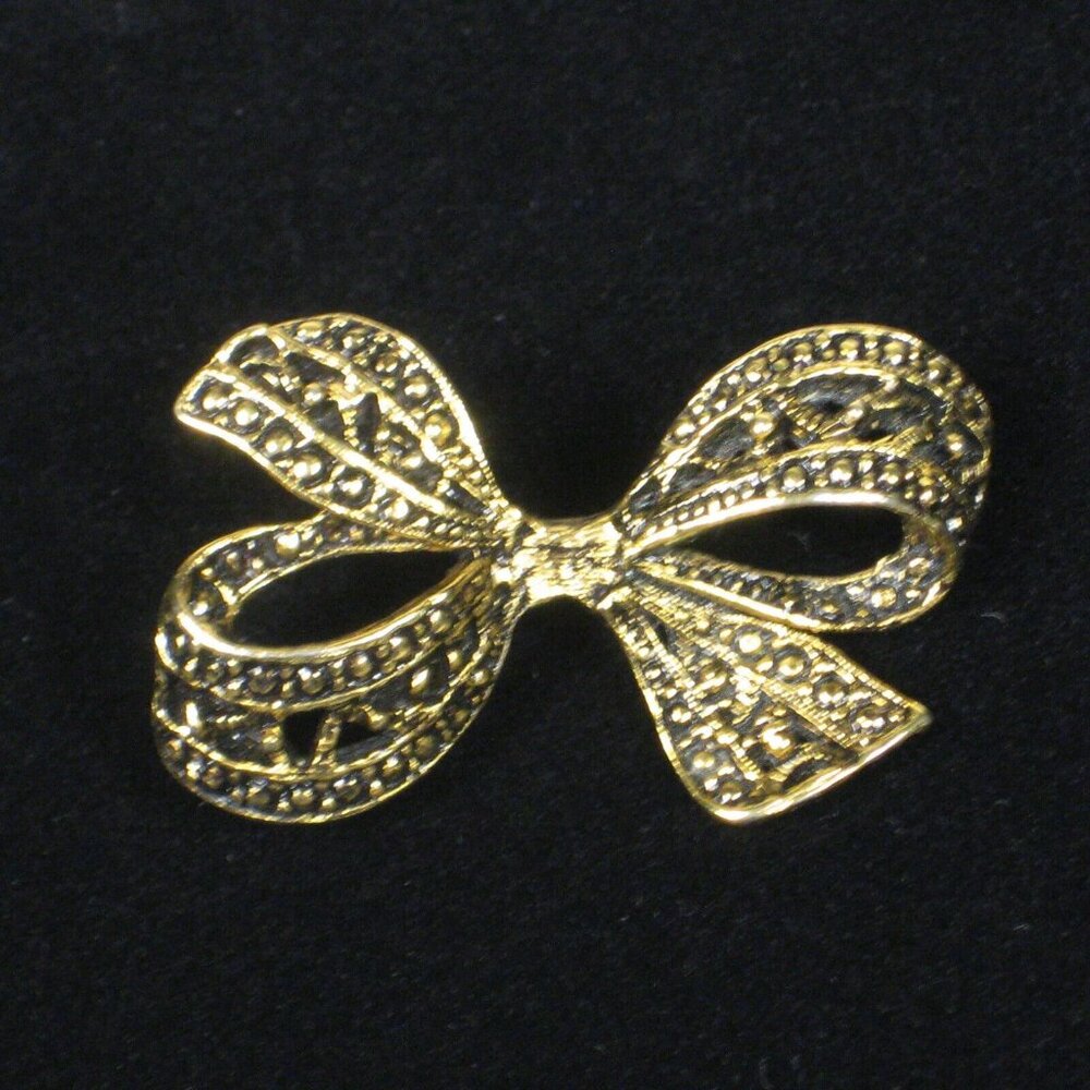 Bow Jewelry Brooch Pin 1 Inch Metal Goldtone Womens Black Ribbon - Picture 5 of 5